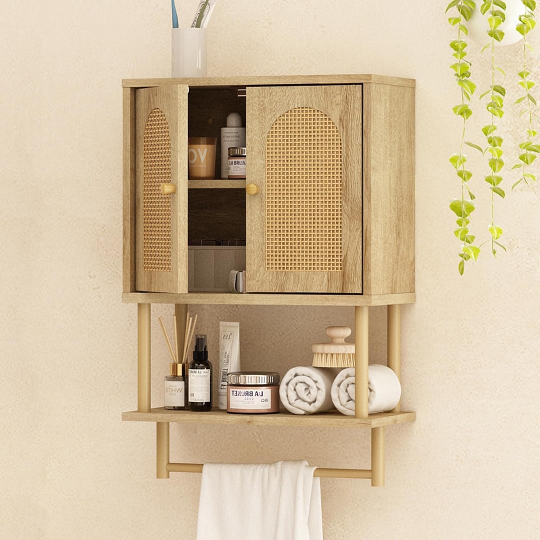 RUSTOWN Rattan Bathroom Wall Cabinet, Modern Boho Medicine Cabinet with Two Arched Rattan Doors, Over The Toilet Storage Cabinet with Adjustable Shelf and Towel Bar for Bathroom (Natural, Small)