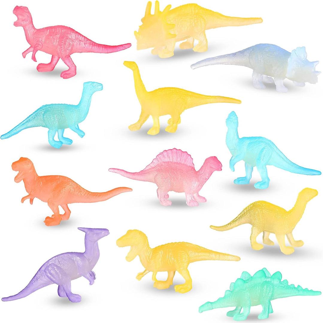 Skylety Mini Dinosaurs Toys 12 Pcs Glow in Dark Dino Figures Colorful Easter Dinosaur Party Favors Glowing Realistic Dinosaur Cupcake Toppers Party Decorations for Birthday Goody Bag Pinata Egg Filler