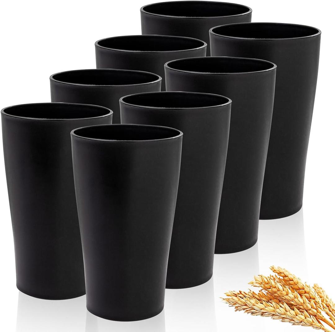 EI Black Wheat Straw Cups Set of 8,Drinking Glasses,Reusable Plastic Cups,Unbreakable Cups for Kitchen,Dishwasher Safe Water Glasses Tumblers,Suitable for Dinner on Picnic Outdoor Activities Dormitory