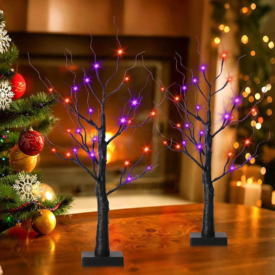 Christmas Decorations Indoor,2 Pcs 2FT Black Christmas Tree Decorations,Lighted Birch Tree with Lights for Holiday Party,Xmas Trees Table Top Decor for Home,Office,Thanksgiving,Fireplace,Mantle