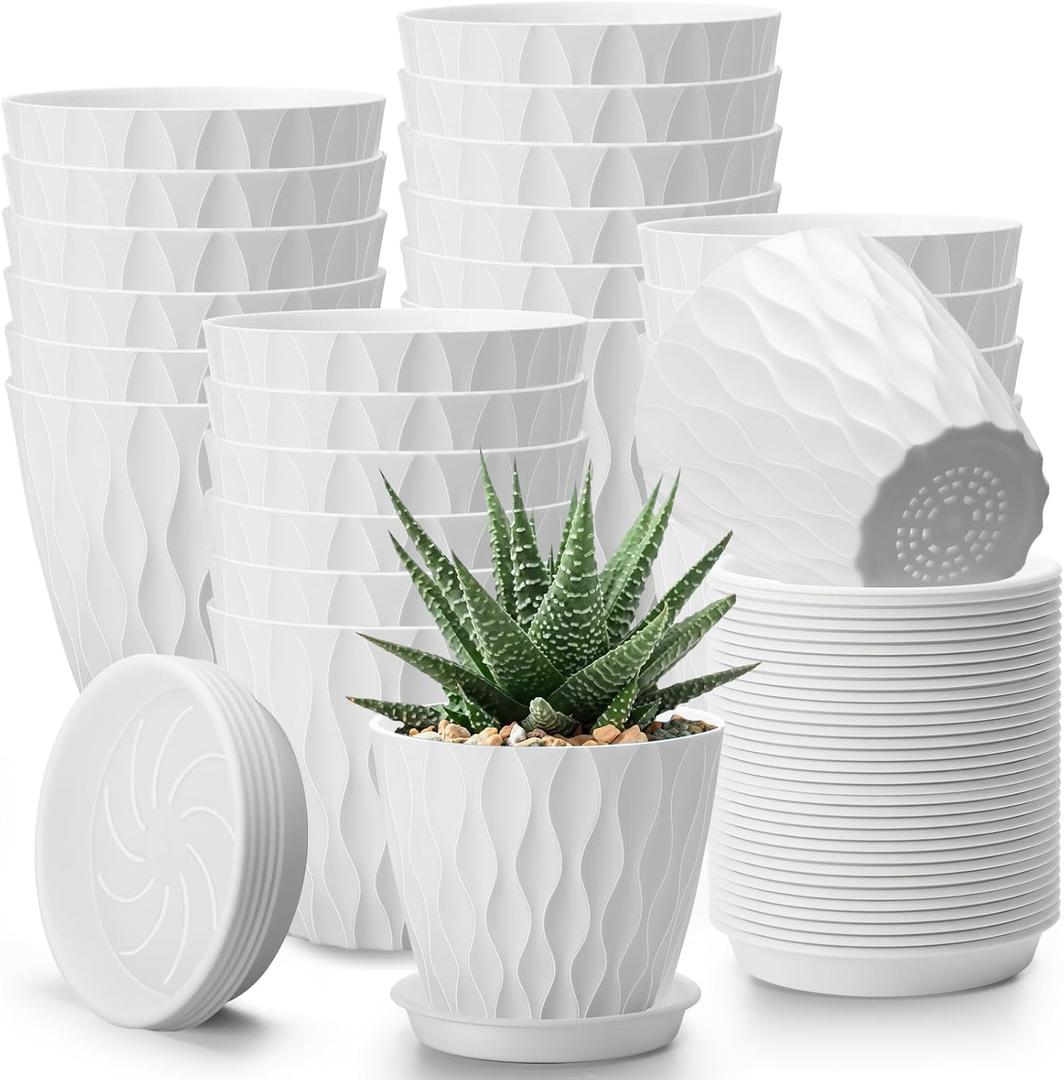 24 Pack 4 Inch Plant Pots Bulk Small Pots for Succulents Waffle Texture Plastic Planter with Drainage Holes and Saucers for Indoor Outdoor Plants Flowers, Seedlings (White)