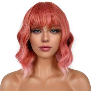 Short Bob Wigs with Bangs for Women Loose Wavy Wig Curly Wavy Shoulder Length Bob Synthetic Cosplay Wig for Girl Colorful Costume Wigs (Dark Pastel Pink)