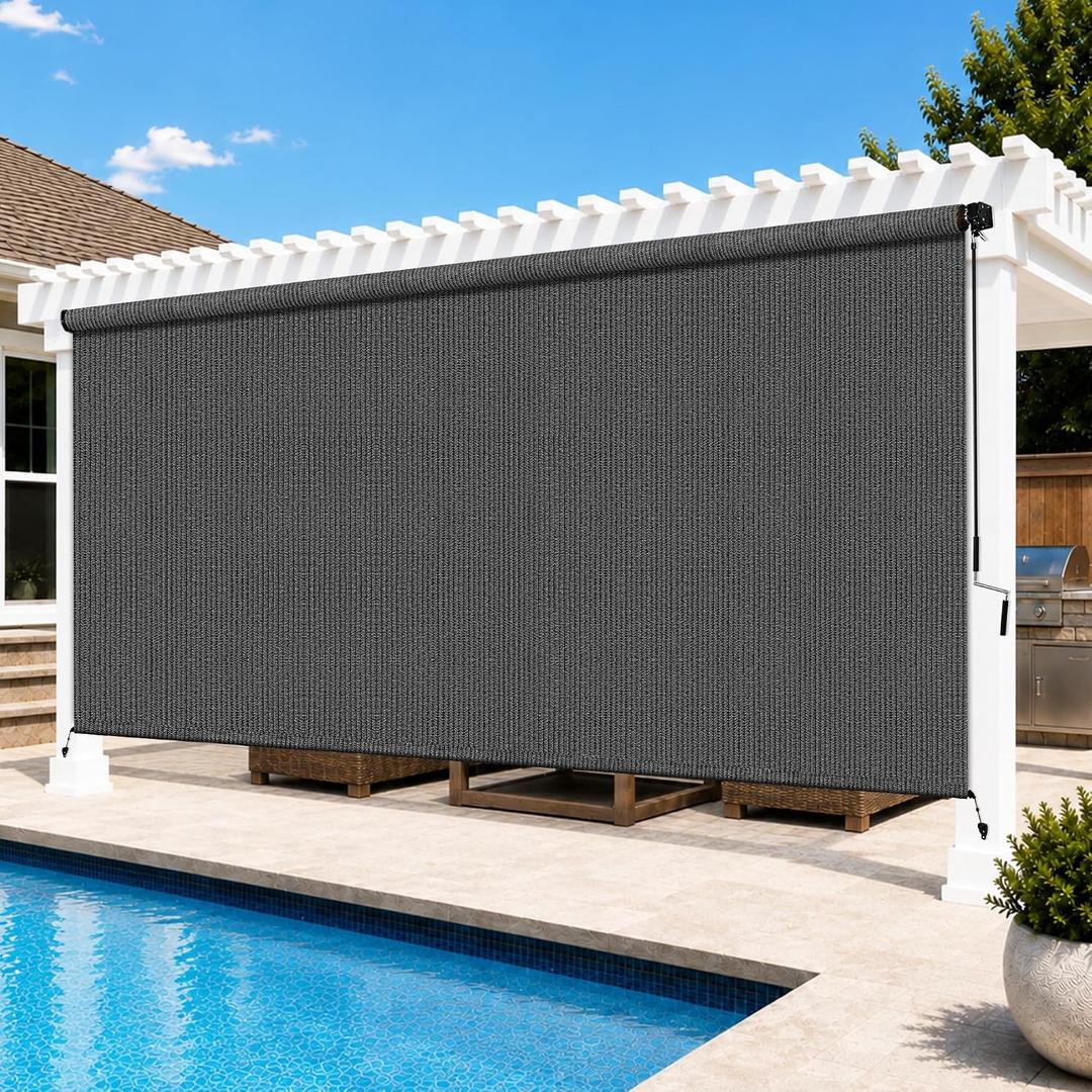 11'W x 8'H Gray Outdoor Roller Shade with Crank Wand Patio Shades Roll up, UV Blocking & Privacy Protection, 132"W x 96"H