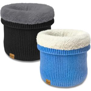 Unisex Kids Fleece-Lined Ribbed Thermal Knit Neck Warmer Gaiter | Dual Layer Winter Scarf Face Cover for Skiing Hiking (Black/Light Blue)