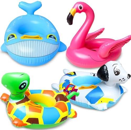 4 Pack Inflatable Pool Floats for Toddler Age 3-7 Animal Swim Tube Rings for Kids Infant Baby Ride on Beach Floaties with Safety Seat&Handle for Summer Lake Pool (Flamingo, Turtle, Whale, Dalmatian)