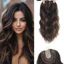 16Inch Hair Toppers for Women with Thinning Hair, Heat Resistant Fibre Synthetic 6.5" x 6.5" Base, Curly Wavy Topper for Women (Dark Brown with Highlights, 16inch)