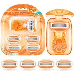 2 x DreamGenius Travel Razors for Women Include 1 Handle and 5 Cartridges, Extra Smooth 5-Blade Travel Essentials Razor with Case for Shaving, Orange