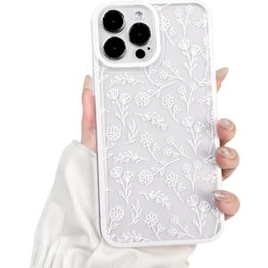 NITITOP Compatible with iPhone 15 Pro Case Cute Clear White Durable Flower Floral Leave for Girls Women Soft TPU Transparent Colourful Frame Full Camera Lens Shockproof Protective Cover - White