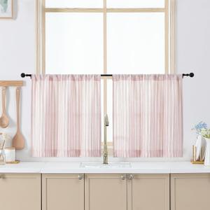 Chyhomenyc Striped Boho Kitchen Curtains 24 Inch Length - Light Filtering Faux Linen Half Window Cafe Curtains, Farmhouse Short Curtain Tiers for Bathroom RV Camper, 30Wx24L, 2 Pieces, Pink