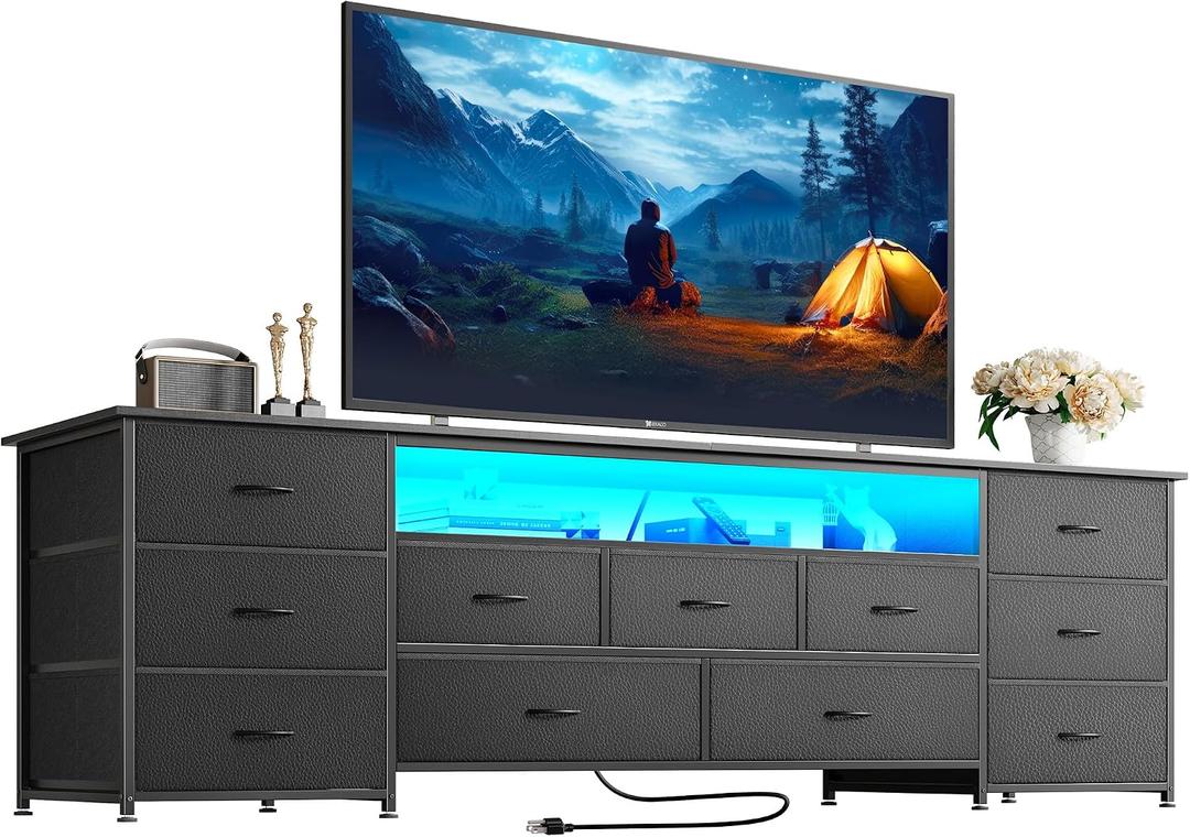 Huuger 70 Inch TV Stand for 75, 80 Inch TV, 11 Drawer Long Dresser with Power Outlets and LED Lights, Entertainment Center with Storage, Black Dresser with PU Leather Surface, 13"D x 70.9"W x 26.8"H