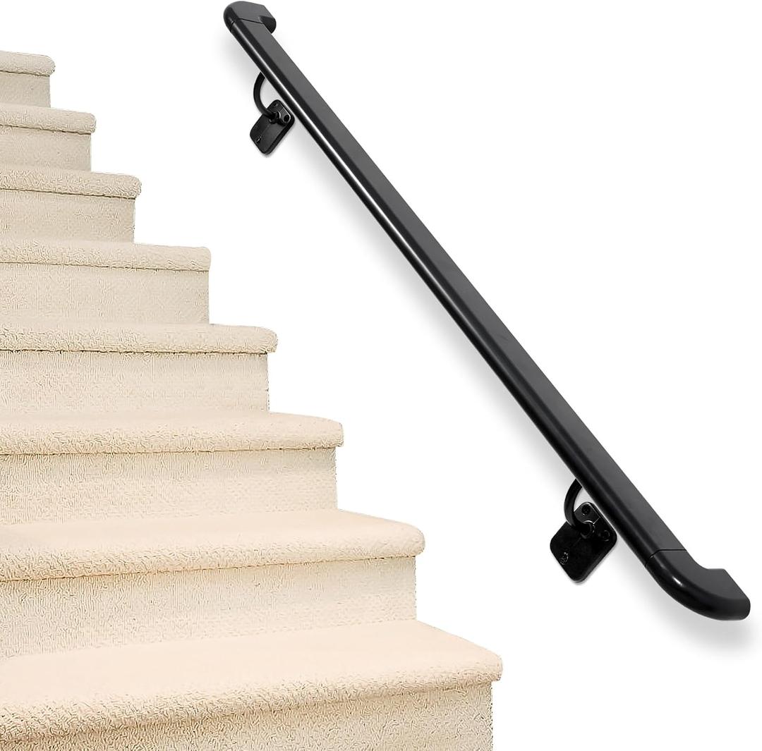 Pipe Stair Handrail Black Hand Rail for Indoor & Outdoor Steps Metal Handrail for Indoor Stairs Stair Railing with Wall Return Heavy-Duty Support Railing for Stairs & Porches (3FT)