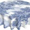 Classic 18th Century French Blue Toile Round Tablecloth 60 Inch Washable Reusable Decoration Table Cover for Kitchen Party