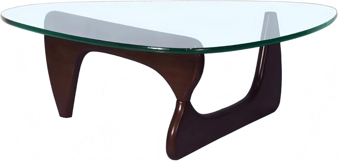 Triangle Glass Coffee Table, 32.3in Mid Century Modern Coffee Table with Tempered Glass Top and Small Coffee Table for Living Room, Funky Center Table for Small Spaces (31.5in, Black Walnut/Transparent)