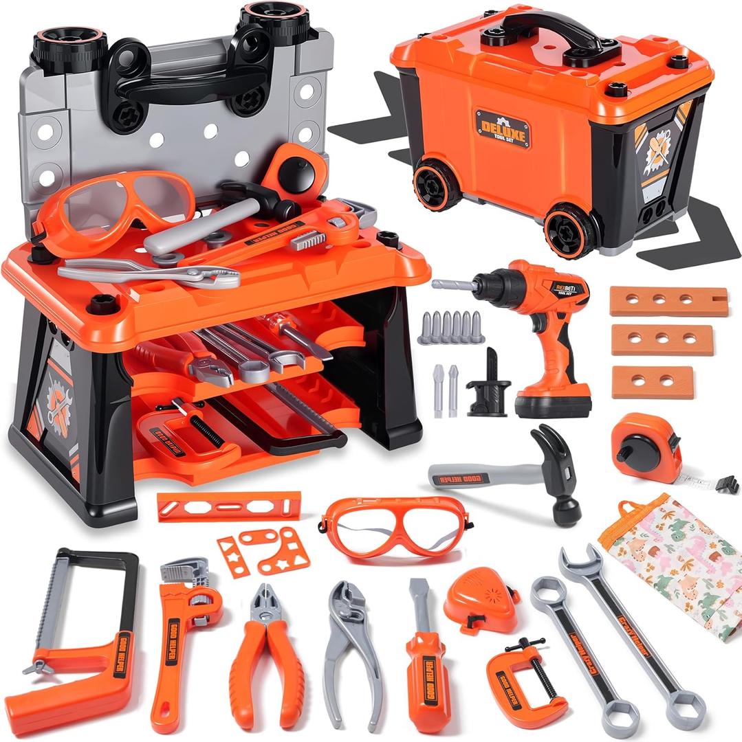 REXBETI Kids Tool Set with Tool Box and Electronic Toy Drill, Pretend Play Kids Construction Kits, Toddler Tool Set, Birthday Gifts for Kids Ages 3-8 Years Old