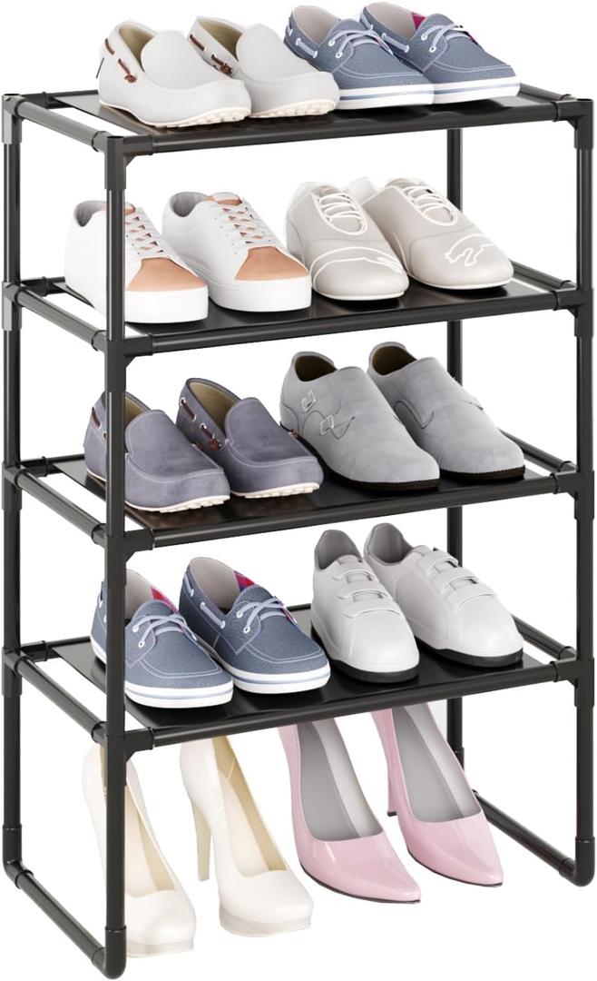 5-Tier Small Shoe Rack for Closet and Entryway, Narrow Shoe Shelf Organizer,Stackble Shoe Stand,Non-Woven Fabric Metal Free Standing Shoe Racks (Black, 18" W x 9.9" D x 28.6" H)