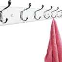 Wooden Wall Mounted Coat Rack 31 Inch, White with 8 Silver Hooks for Entryway, Hallway, Bedroom
