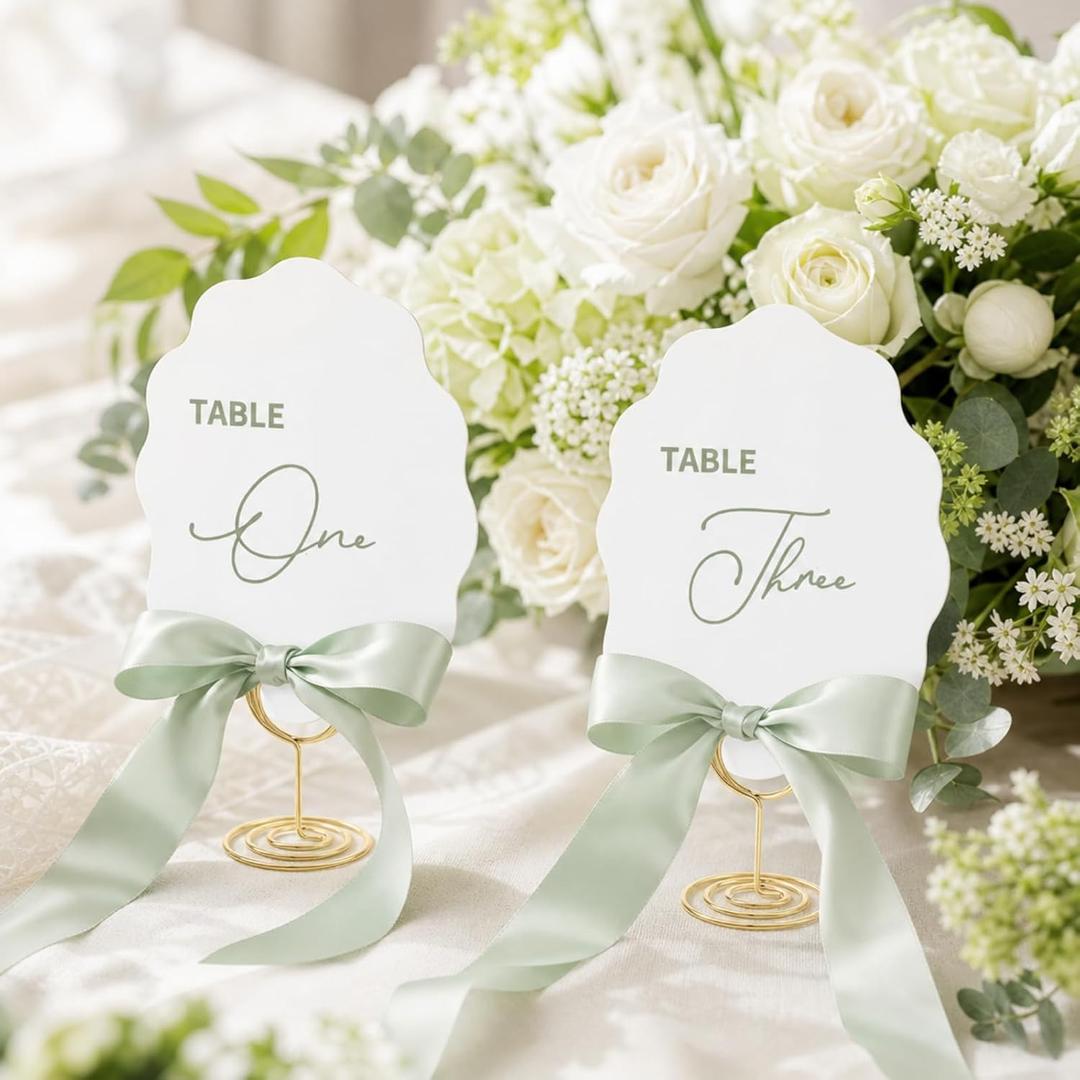 Sabary 20 Sets Green Wedding Table Numbers 1-20 with Gold Stands & Mint Green Satin Ribbons 4" x 5" Place Cards Reserved Table Signs for Wedding Reception Bridal Baby Shower Birthday Party