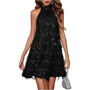 OYOANGLE Women's Sequin Sparkly Cocktail Party Dress Glitter Sleeveless Halter Mini Dress Outfits Clubwear (Black), Size Small