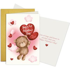 Cute Bear Baby First Valentine's Day Card, Happy 1st Valentine's Day for Baby Boy & Girl, Lovely Infant Valentines Cards, Lots of Hugs and Kisses To Precious Little You