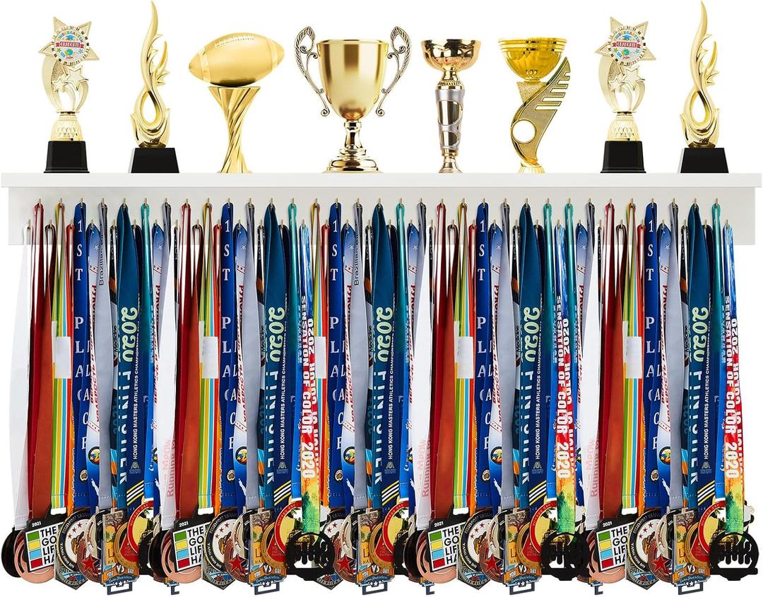 Wooden Medal Hanger Display Trophy Holder Shelf with 25/37/49/65/83 Hooks Wall Mount Ribbon Holder Gift for Gymnastics Running Soccer Awards (4ft/47inch)