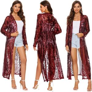 Women's Sequin Cardigan Summer Cover Up Dress Glitter Sparkle Open Front Coat Dresses Duster for Evening Prom (XX-Large, Wine Red)