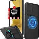 for Samsung Galaxy S22 Plus Case Magnetic Compatible with MagSafe Wireless Charging,with Screen Protector,for S22+Plus Case with Stand Ring+Camera Cover Shockproof Heavy Duty Protection Black