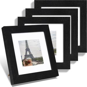 Hongkee 6x6 Picture Frame Set of 4, Made of Glass and Rustic Black Wooden Frame - Display Picture 4x4 with Mat or 6 x 6 Without Mat, 6x6 Photo for Wall or Tabletop