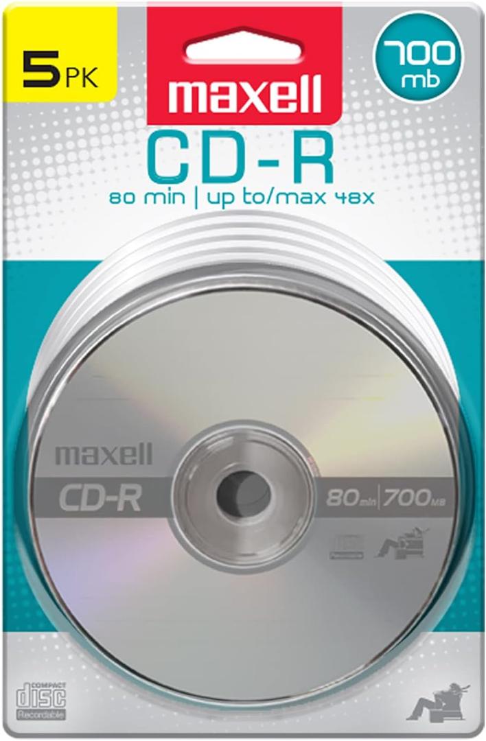 Maxell  648220, Premium Quality Noise free Surface Playback Recordable CDs 700Mb Storage  2x to 48x, Write Speed with 80 minutes - Blank CDs, CD Storage & Reusable Spindle Case Holder - 5 Pack