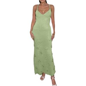 Women's Knit Maxi Dress Spaghetti Strap Floral Dresses Bodycon Knitted Beach Long Dress Backless Swim Cover up Dresses (Medium, Green)