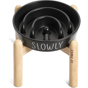 Ceramic Slow Feeder Bowl Elevated - 1.5 Cup with Wood Stand for Small & Medium Breed, Anti-Gulping, Black