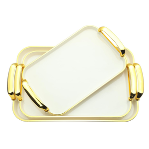 3 Pack Serving Tray with Handles, Stackable Reusable Trays for Serving Food, Plastic Serving Platters for Party, Charcuterie, Fruit, Appetizer, Cream Gold