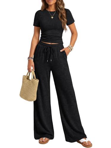 Trendy Queen Womens Lounge Two 2 Piece Sets Summer Spring 2026 Airport Outfits Travel Matching Sweatsuit Sweat Suit Workout Cruise Clothes Vacation Loungewear Pajamas Fashion Holiday Black Large
