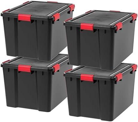 IRIS USA 4-Pack 74 Qt Storage Bins with Gasket Lids, Black/Red | WeatherPro seal helps protect bulky items for moving, garage, attic and basement storage