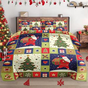 Full Size Comforter Set with 2 Pillowcases, Vintage Christmas Santa Claus Tree Soft 3 Pcs Bedding for Kids and Adults Bedroom Bed Decor