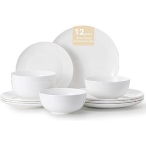 KINGSTONE 12-Piece Bone China Dinnerware Set for 4, Lightweight Porcelain Round Plates and Bowls Set, Durable Scratch Resistant Ceramic Dinner Set, Microwave & Dishwasher Safe, Ivory White