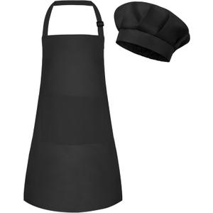 BOUBONI Kids Apron and Chef Hat Set Adjustable Child Art Aprons with 2 Pockets Toddler Chef Hat and Apron for Cooking Baking Painting (Dark Green)