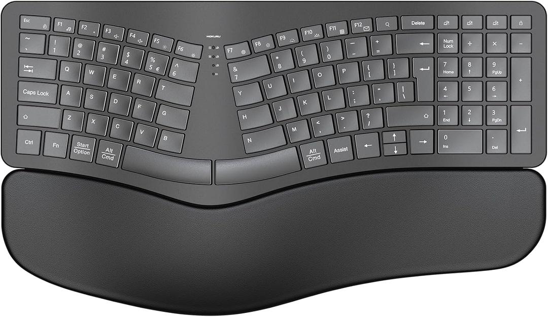 MOKURU Wireless Ergonomic Keyboard, Split Keyboard with Wrist Rest, Full Size 2.4G BT Computer Keyboard, Compatible with Windows, Mac OS, PC Computer/Laptop (Black)