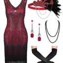 SWEETV Women's Vintage Flapper Dress 1920s,Great Gatsby Sequin Fringe dresses with 20s Accessories Set For Party Prom, S