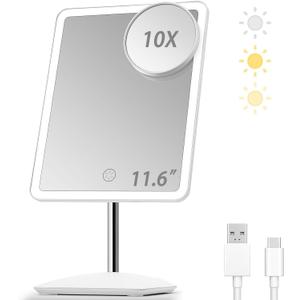 DESCHEN 2000mAh Rechargeable Makeup Vanity Mirror with Lights, 11.6" Large Lighted Makeup Mirror with 3 Color Lights and 3.5" Detachable 10X Magnification, Light Make Up Desk Mirror with Lighting