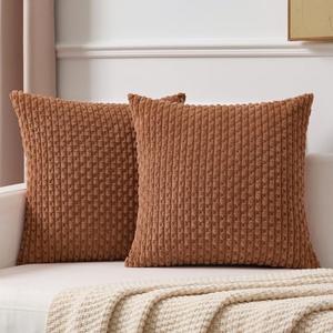 Kevin Textile Decorative Pillow Covers Set of 2 Striped Plush Corduroy Pillows Pillowcases Boho Home Decor Cushion Covers for Couch Sofa Bed Living Room 24x24 Inch, Burnt Orange