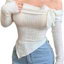 Verdusa Women's Bow Off The Shoulder T Shirt Asymmetrical Fuzzy Going Out Fitted Tops (White, M)