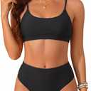 Tempt Me Women High Waisted Bikini Set Athletic Two Piece Swimsuits Sporty High Cut Bathing Suit with Scoop Neck (Black, Small)