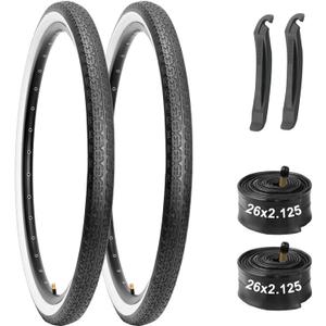 26x2.125 Cruiser Bike Tires Set: Black/White Wall Folding Replacement Tires and Pair 26-inch Inner Tubes for Beach Cruiser and Urban Commuting Bicycle
