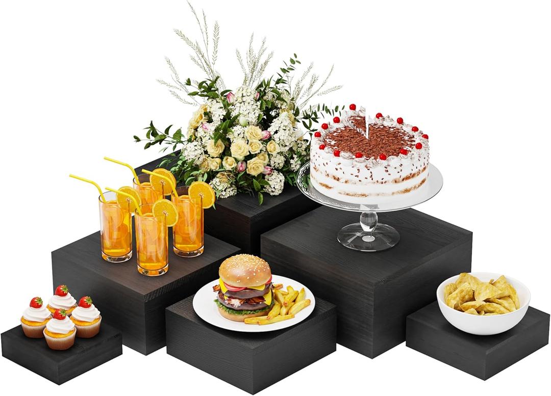 Wooden Display Risers,6PCS Jewelry and Accessories Risers for Jewelry Figurine 5in to 10in For Buffet Party Rustic Wood Cake & Cupcake Stands& Decor (Black, 5IN to 10IN)