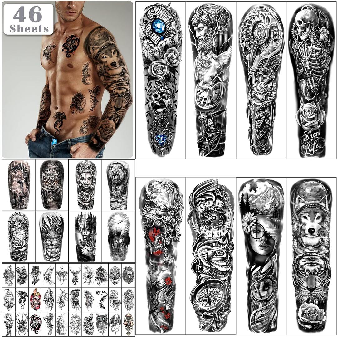 46 sheets Full Arm Skull Temporary Tattoos For Men Half Arm Shoulder Angel Tattoo for Ladies Fake Waterproof Wolf Lion Stone Tattoo Stickers For Adult or Kids (Black)