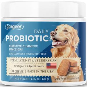 4 x Gargeer Daily Probiotics & Prebiotics for Dogs. Supports Healthy Digestion, Gut Flora & Proper Immune System. for All Dog Breeds & Ages, 60 Delicious Duck Flavored Soft Chews. Made in the USA