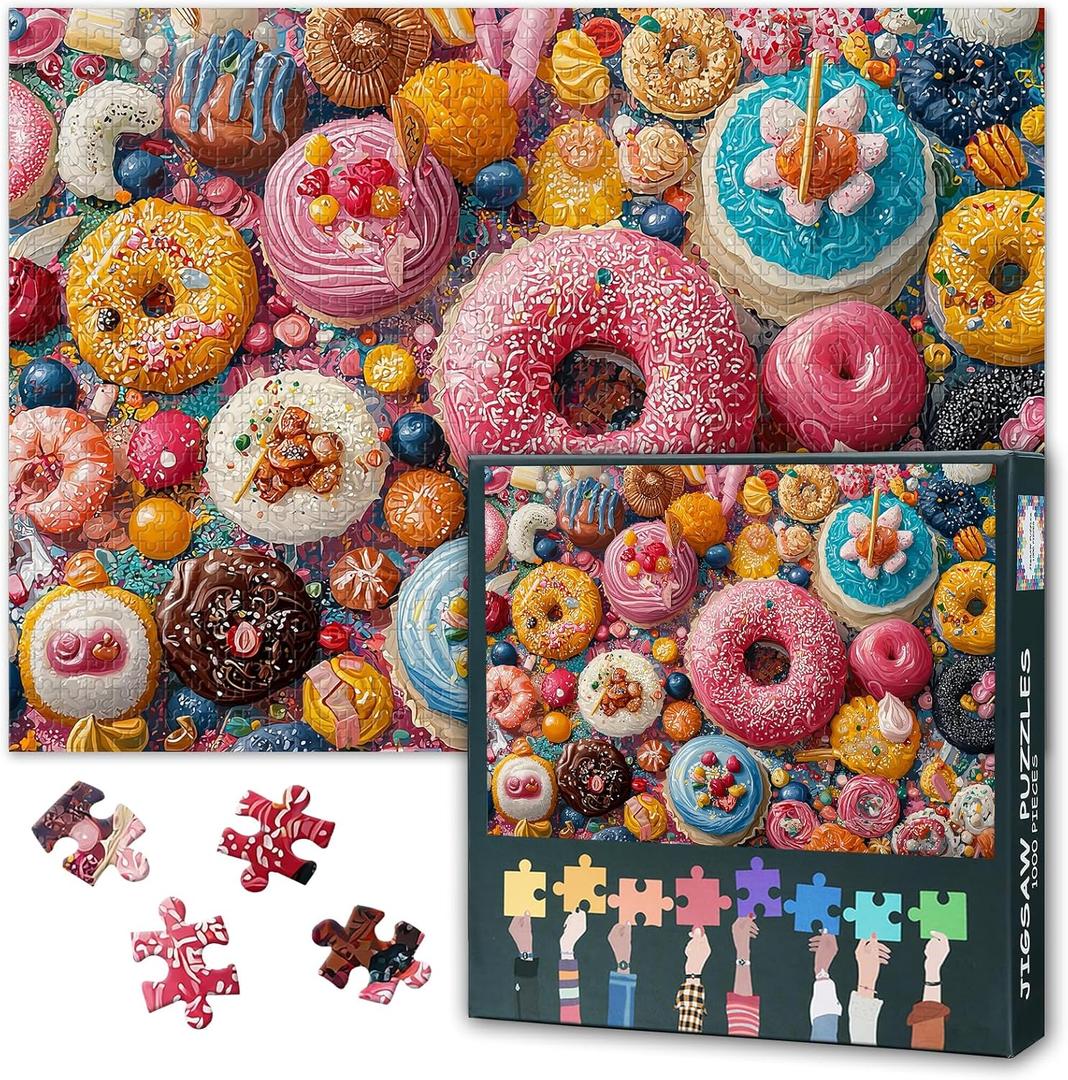 1000 Piece Dessert Jigsaw Puzzle for Adults - Colorful Donut & Sweet Treats Art with Premium Puzzle Board, Challenging Foodie Theme Puzzles for Adults, 27.5x19.7 Inches
