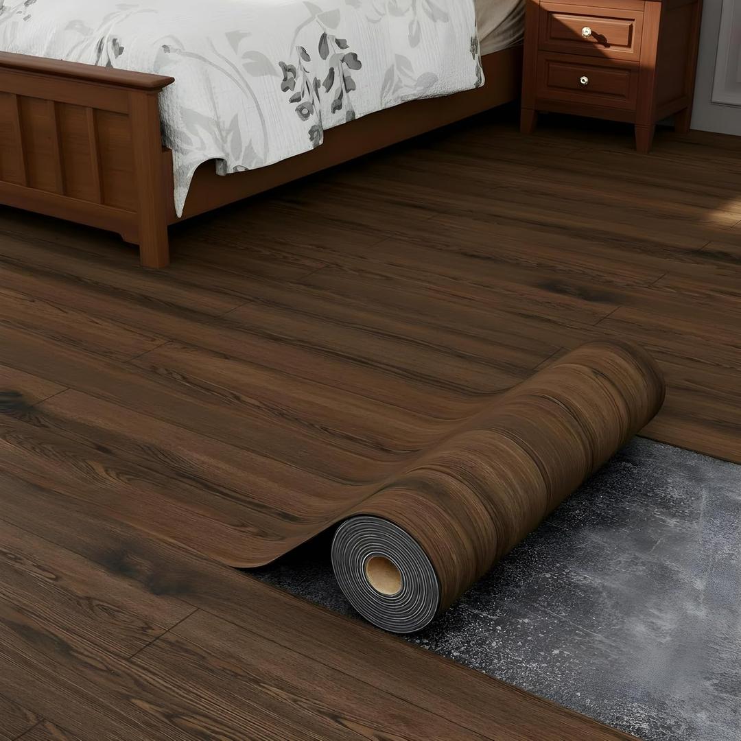 Oxdigi Peel and Stick Vinyl Flooring Roll 23"x 393"/64 Sq.Ft, Thicken Self Adhesive Vinyl Floor Tiles Wood Plank Flooring Waterproof Wear-Resistant for Any Room, Easy DIY Floor Coverings, Deep Brown