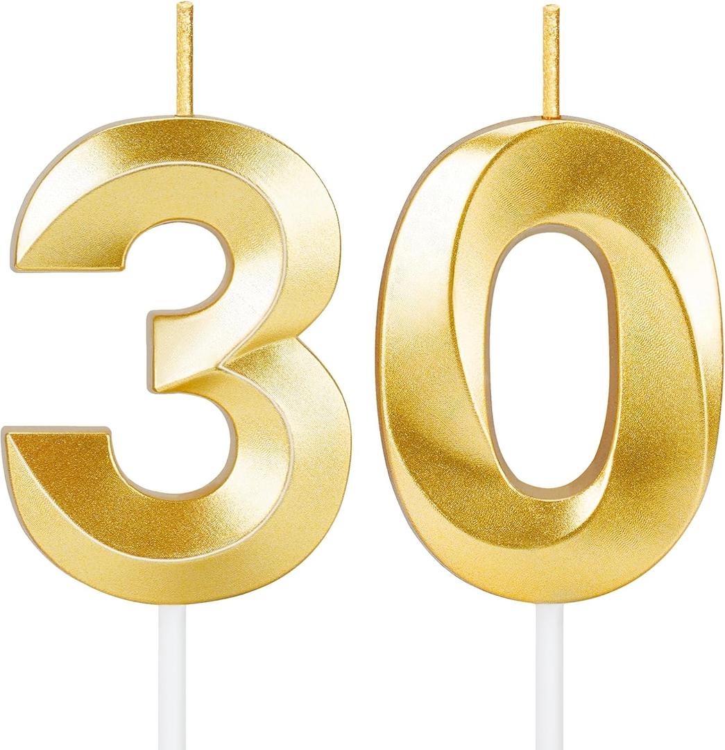 30th Birthday Candles for Cake,Gold Number Candles for Happy Birthday Cake Toppers,Birthday Decorations for Her Him Party Anniversary Wedding