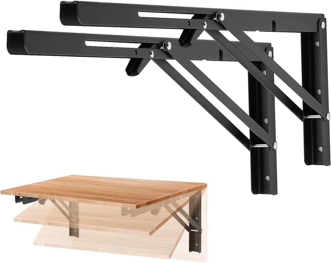Ravinte 2 Pack 18 Inch Folding Shelf Brackets Matte Black, Heavy Duty Collapsible Brackets for Tables and Benches Space-Saving Design